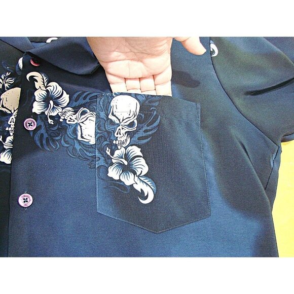 Kennington Ltd Hawaiian Skull Floral Button-Up Shirt Mens Blue & White Size Lg - Picture 5 of 9